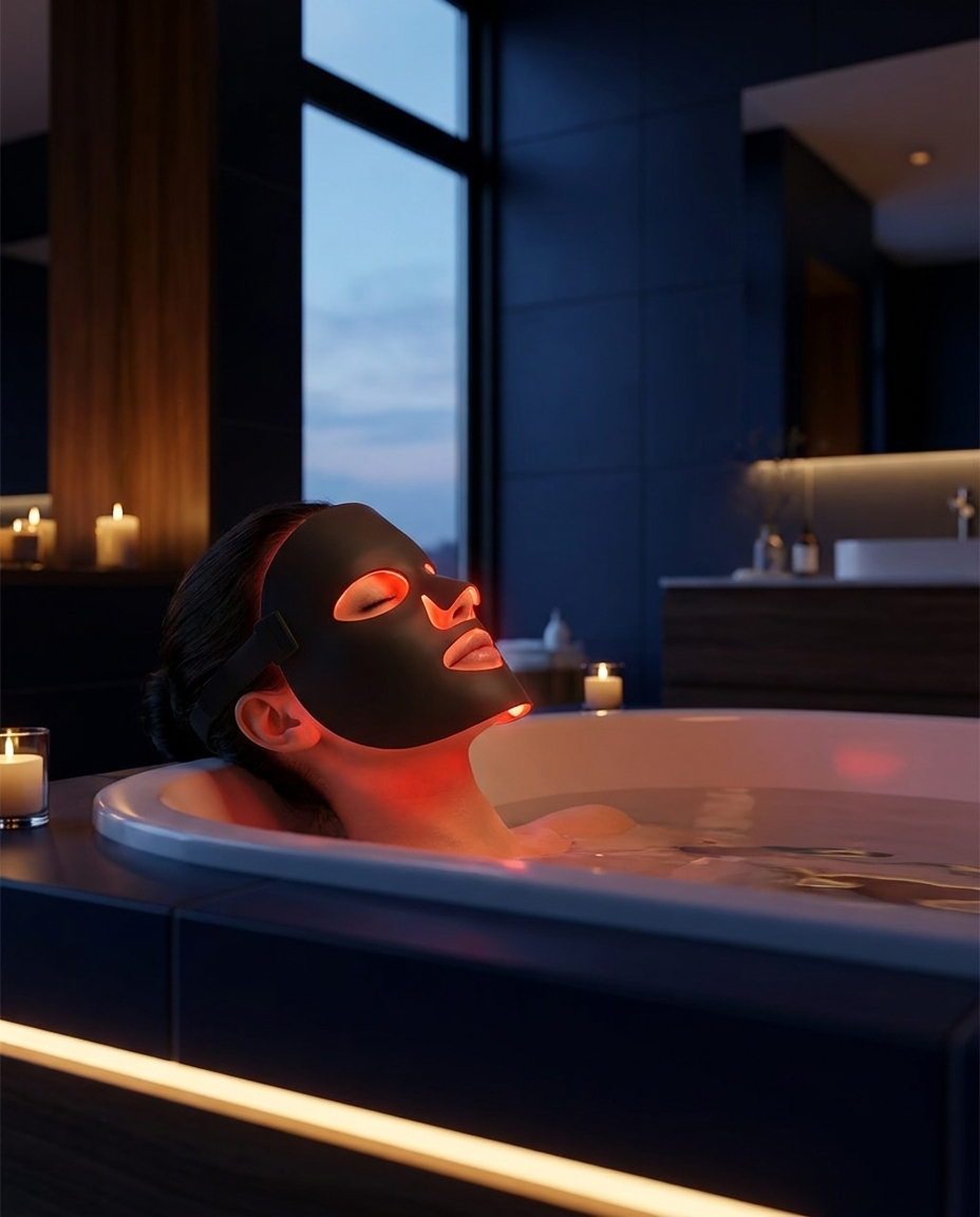 RubyMask red light therapy ritual, editorial shot