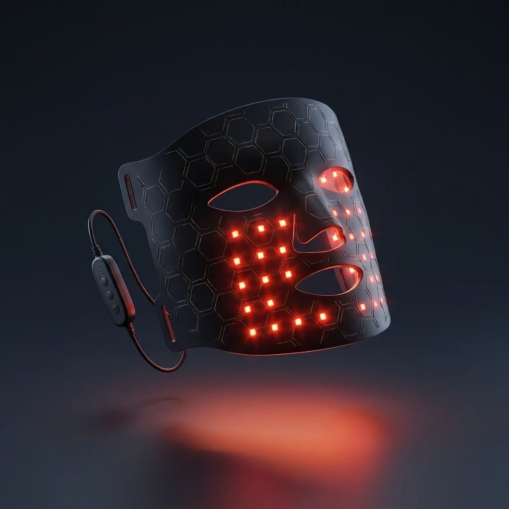 RubyMask LED face mask glowing red on dark studio background