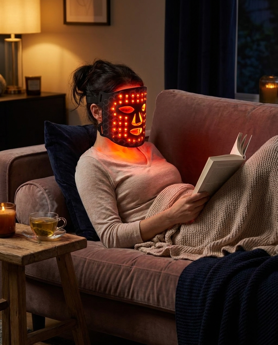Woman relaxing on couch wearing RubyMask during her evening ritual