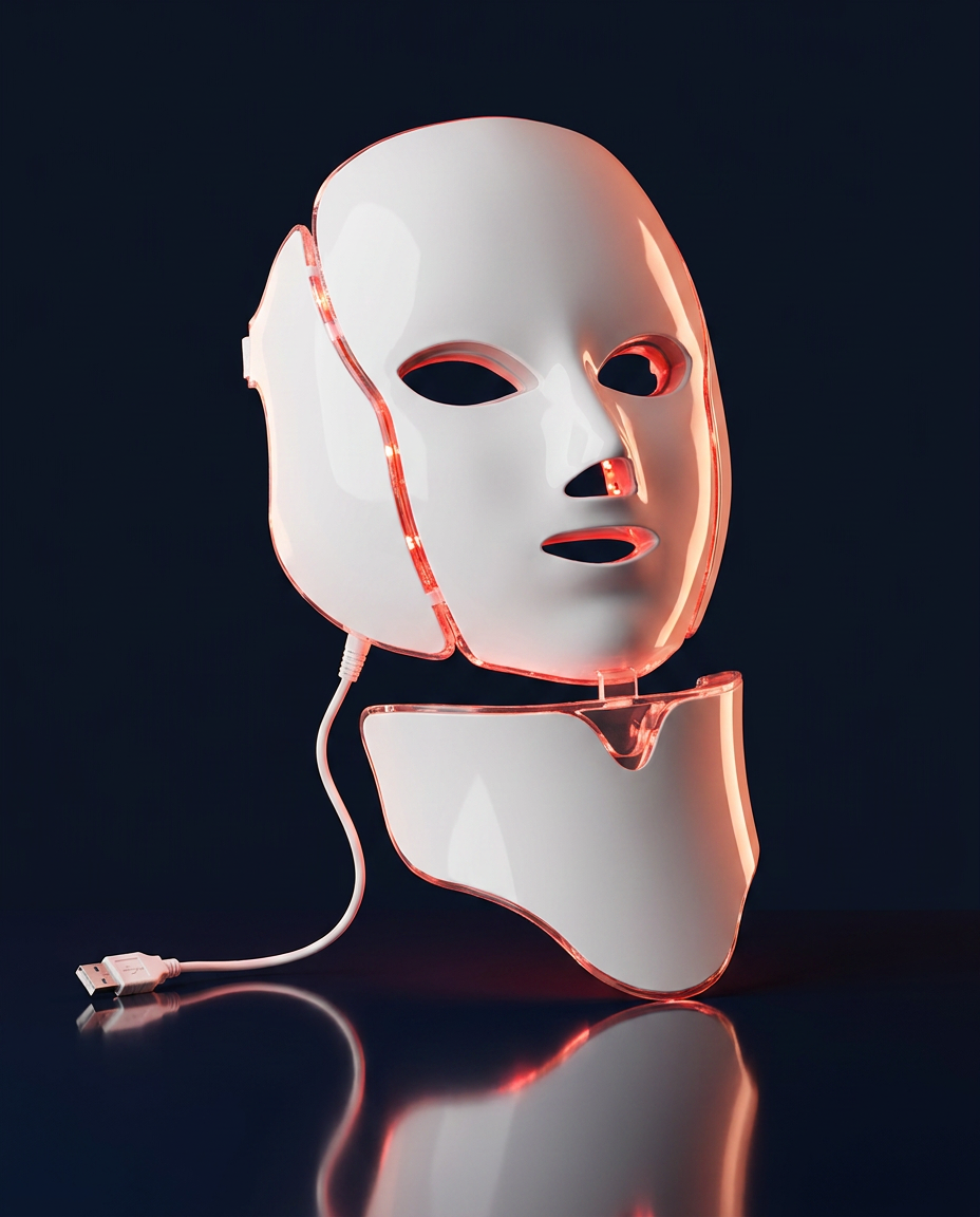 RubyMask Neck and Decollete LED Mask on navy studio background