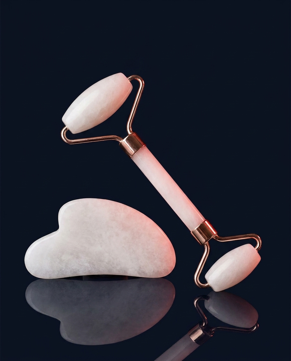 Jade roller and gua sha set on navy studio background