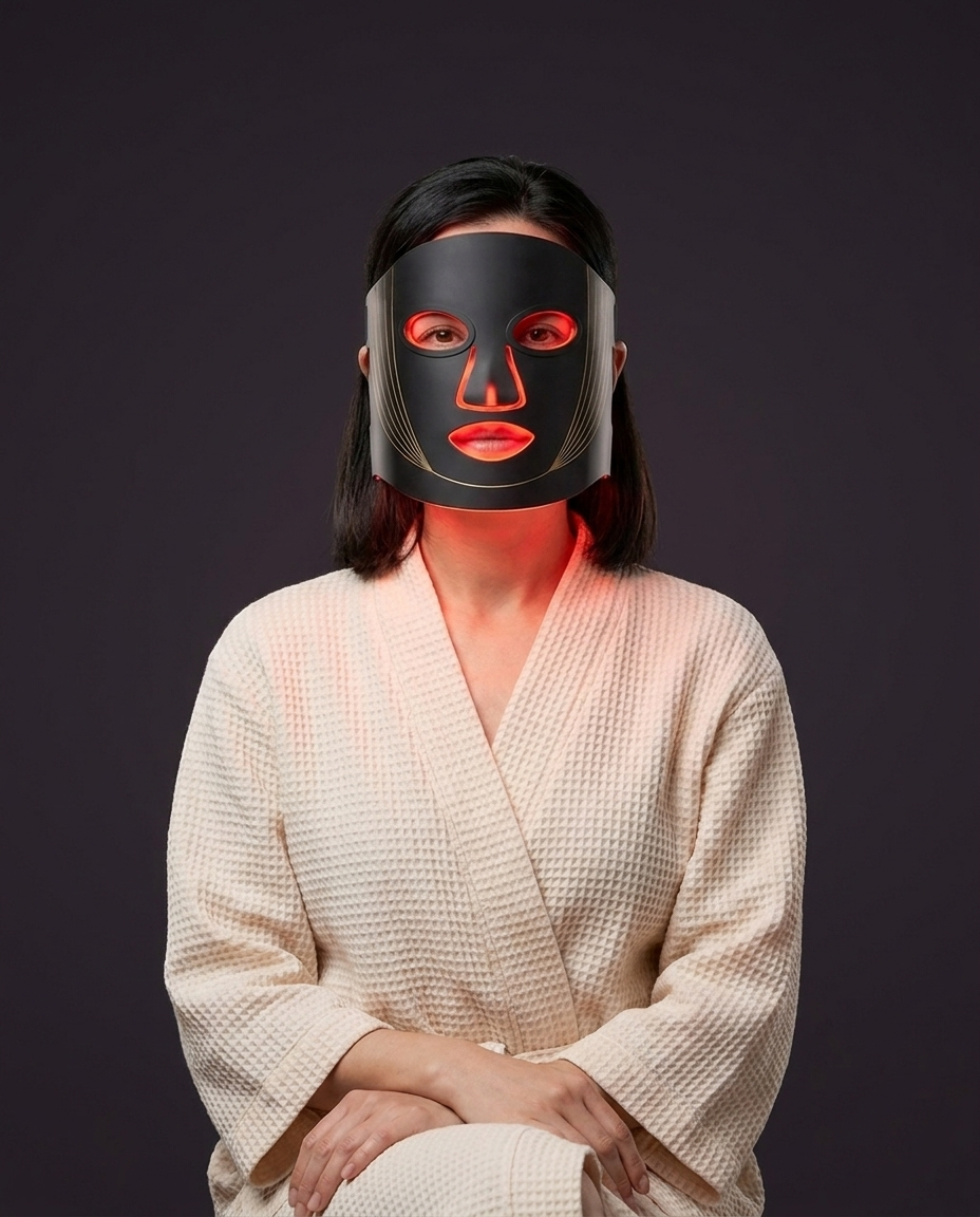 Woman wearing RubyMask red light therapy mask, front studio portrait with ruby glow