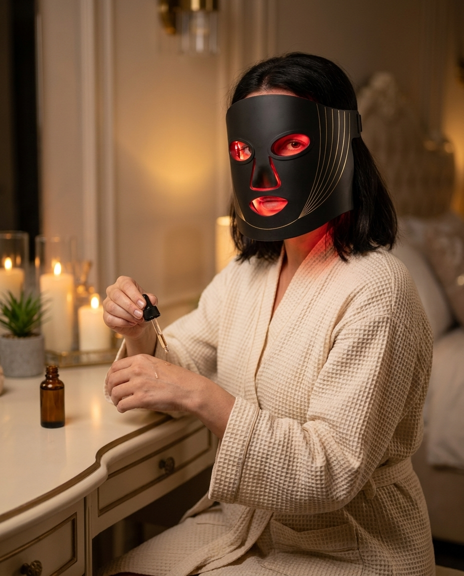 Woman wearing RubyMask at her vanity during evening skincare ritual with serum
