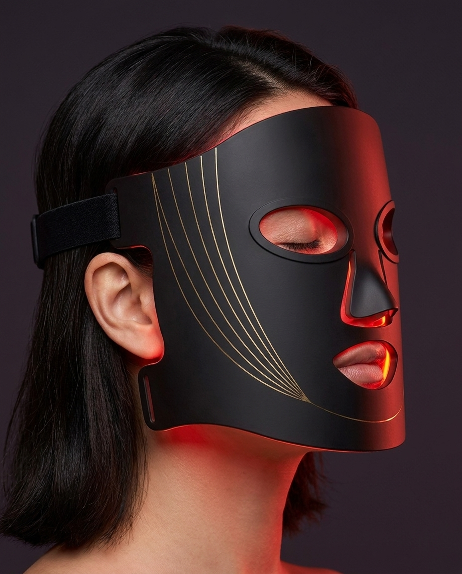 Profile close-up of woman wearing RubyMask showing contoured fit and LED glow