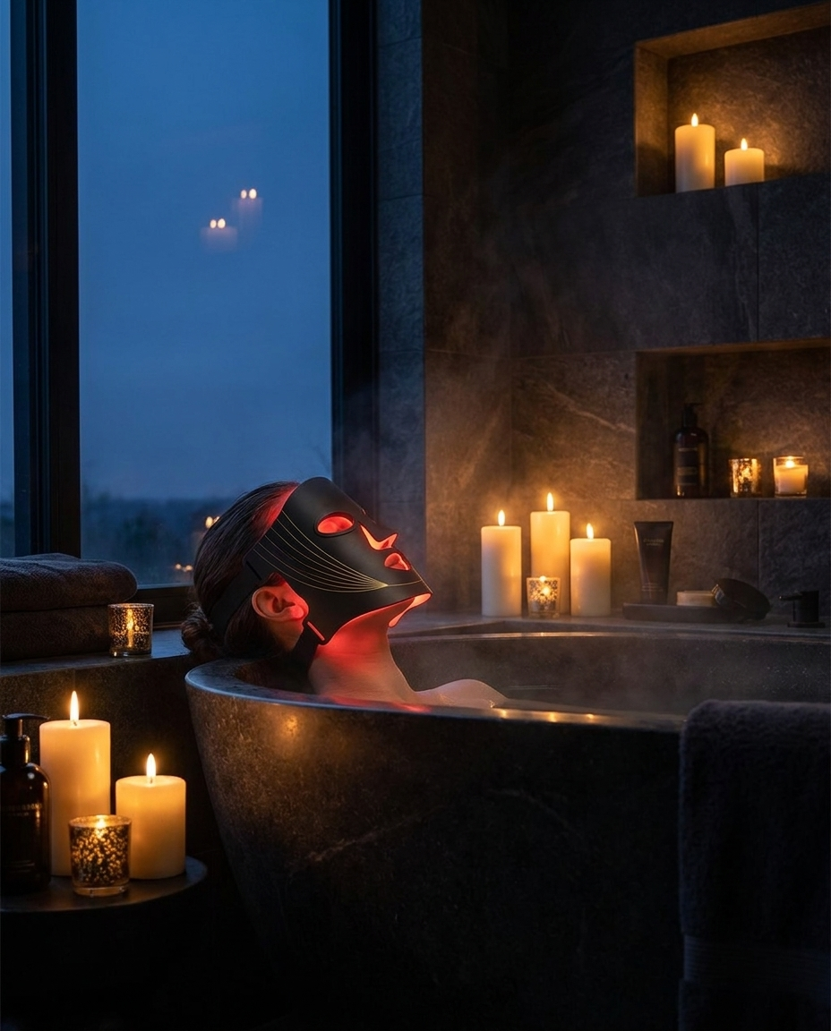 Woman in candlelit bath wearing RubyMask