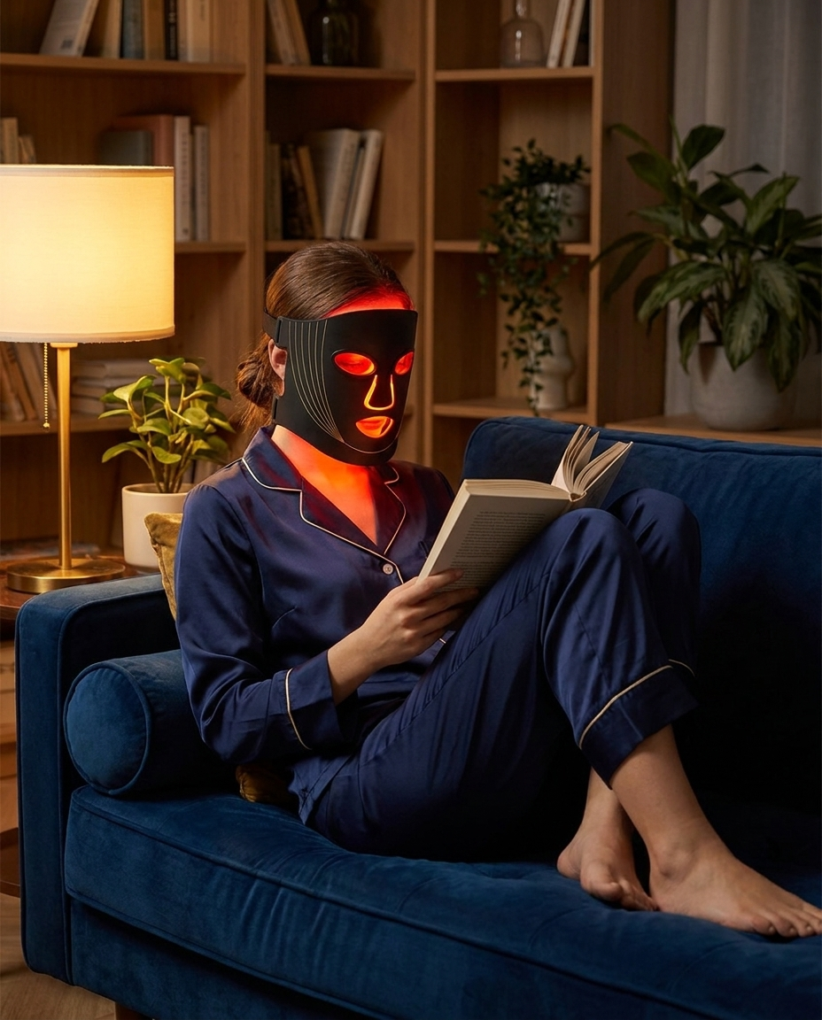 Woman in pajamas reading wearing RubyMask